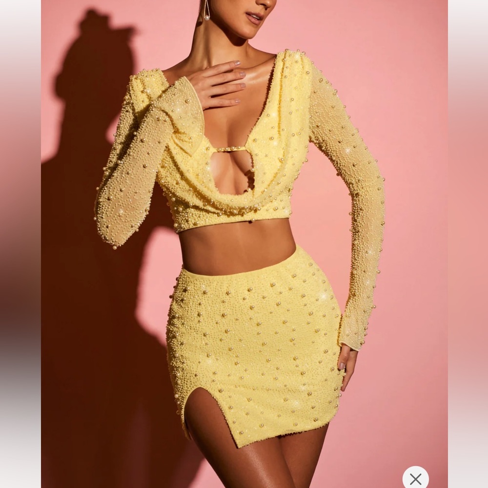 Oh Polly yellow long sleeve crop top and skirt pearl set size S 4/6